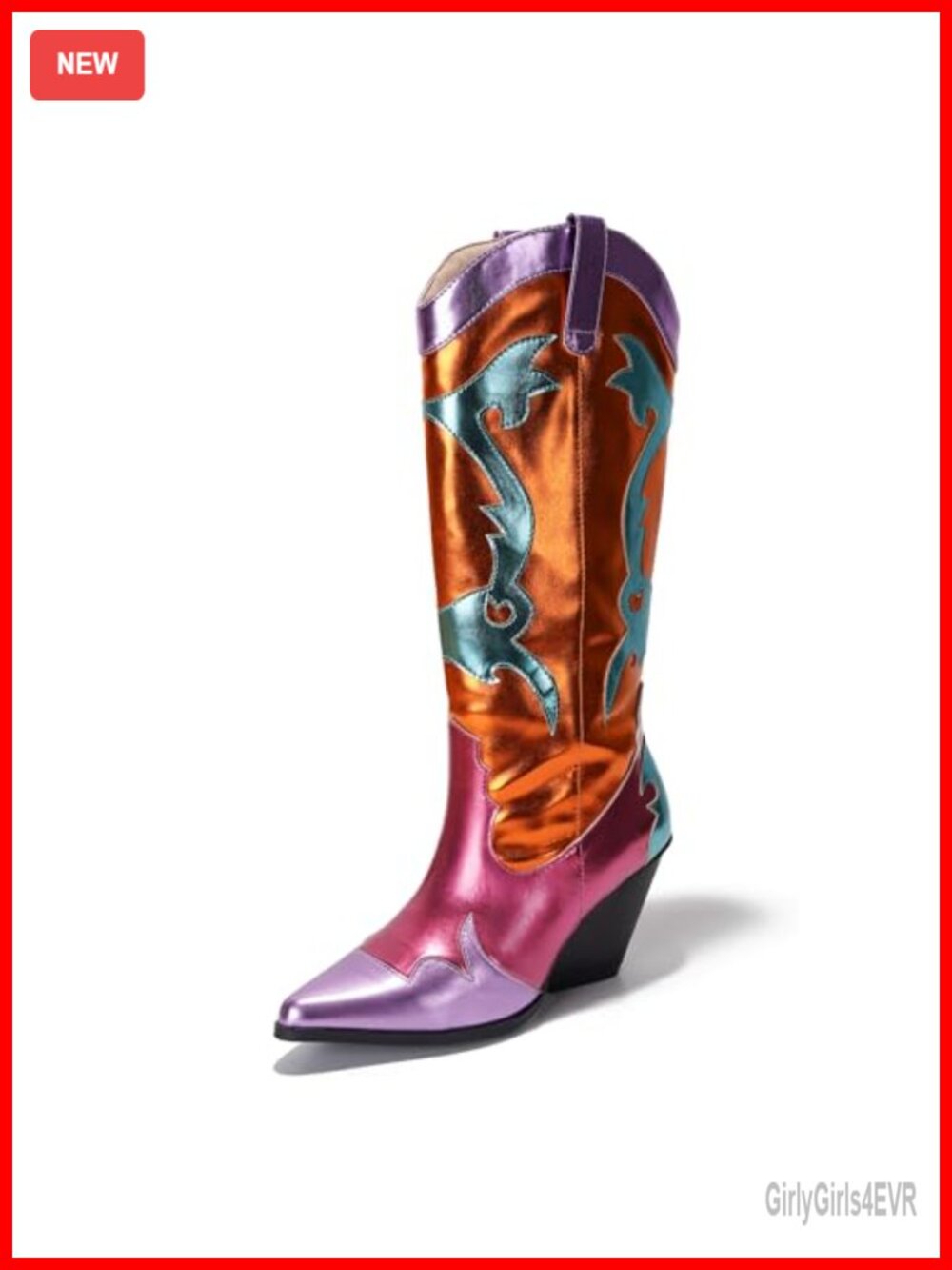 Metallic Colorblock Western Cowboy Boots Mid Calf 3 Inch Heel Pointed Toe Faux